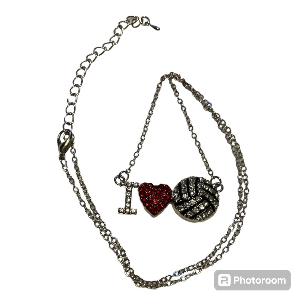 I LOVE VOLLEYBALL RHINESTONE PENDANT ON SILVERTONE CHAIN NWT